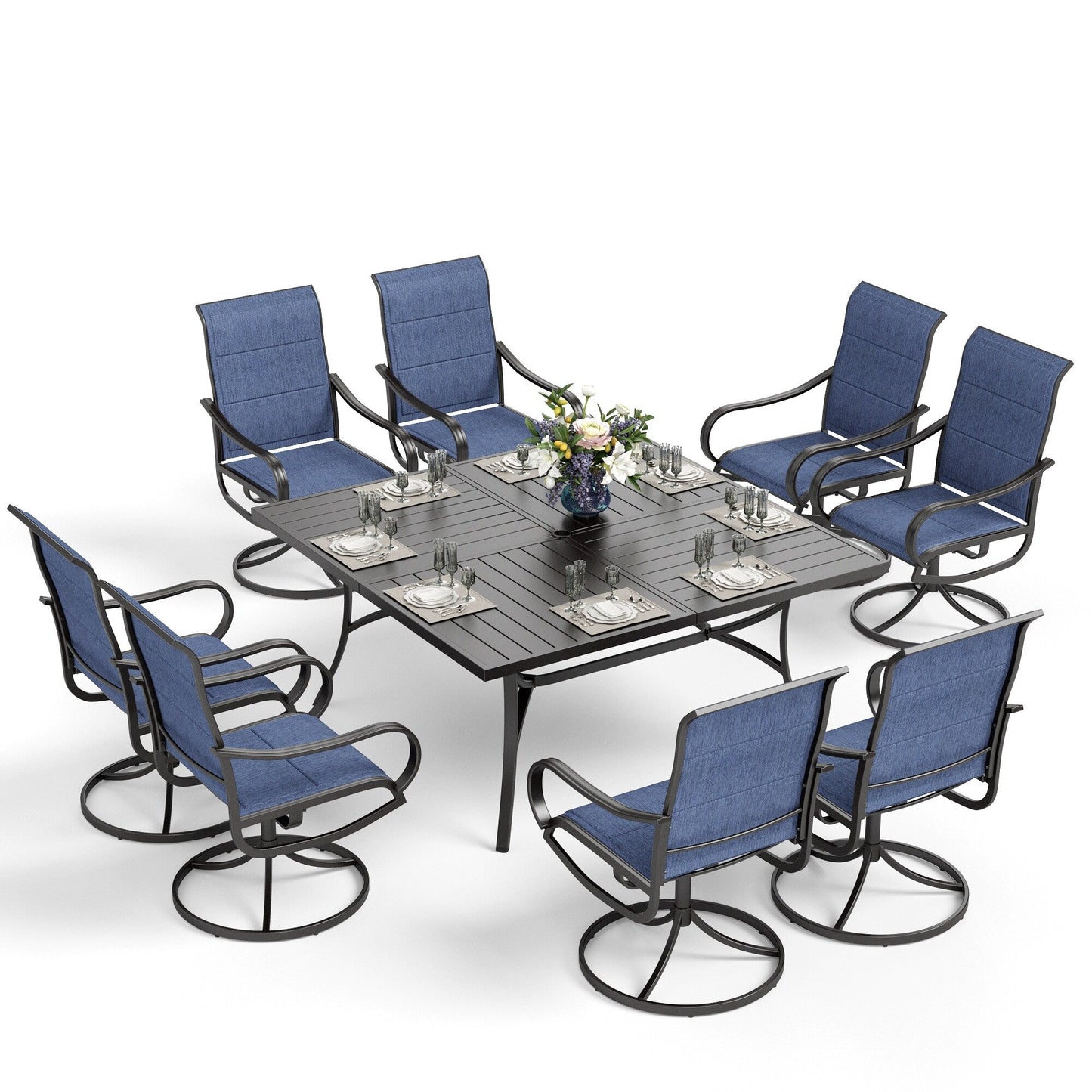Ensemble de salle à manger de patio MAISON ARTS 9 pièces, table carrée en métal de 60 pouces et chaises de salle à manger en toile