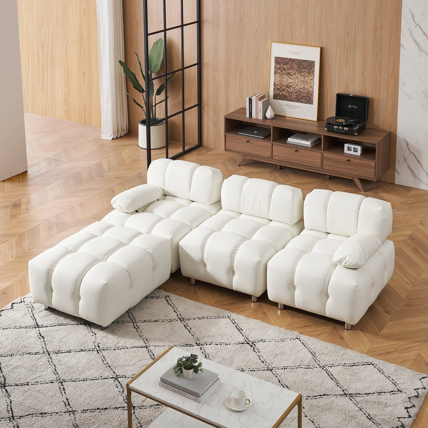 Canapé 3 places pliable en tissu technique moderne blanc de 90,6 pouces, imperméable et résistant aux taches, avec pieds en métal