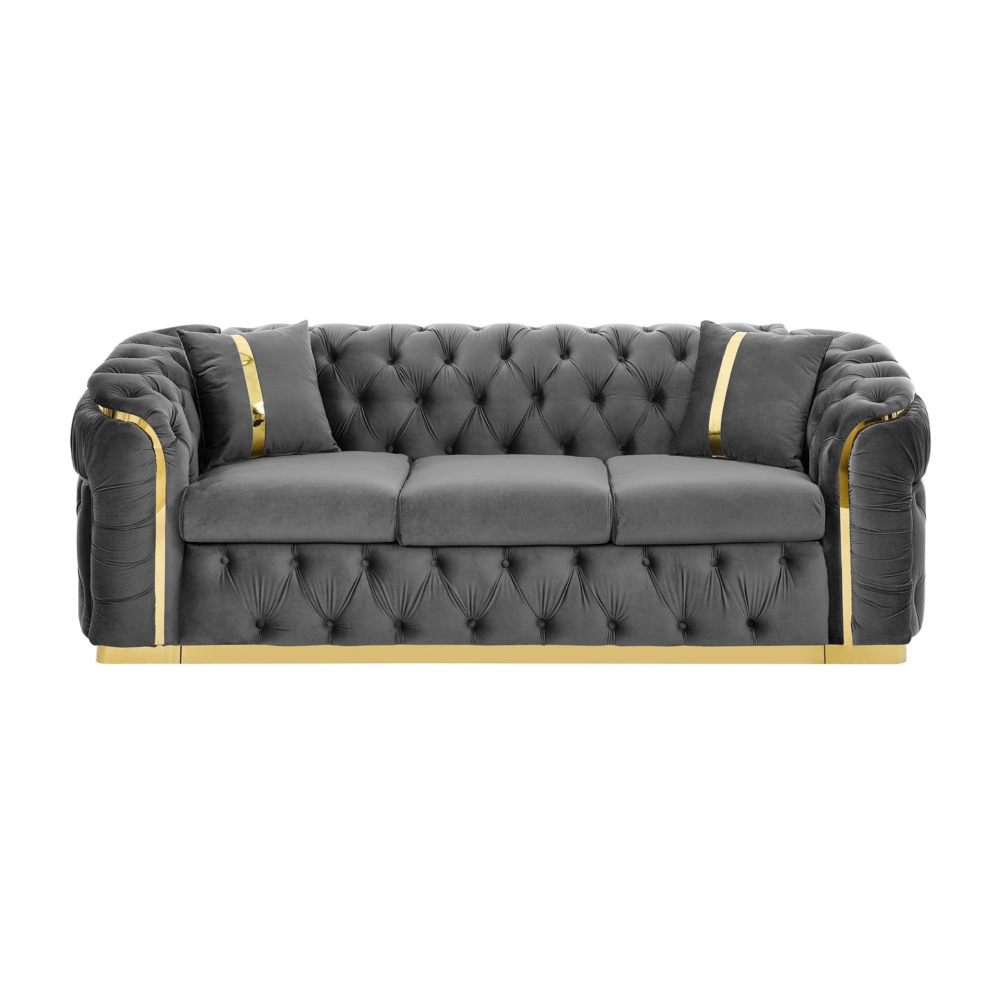Canapé 3 places en velours 90,6 avec 2 coussins haute densité, touches dorées et coussins