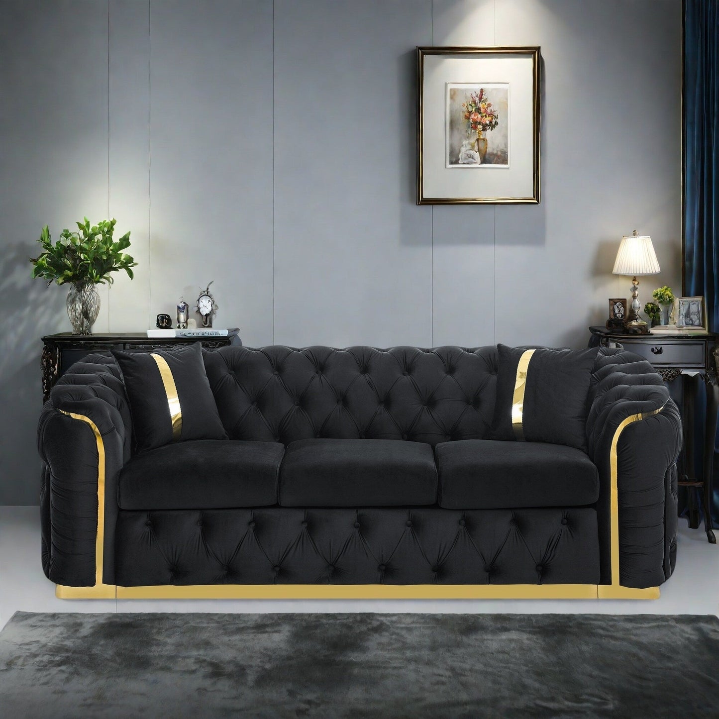 Canapé 3 places en velours 90,6 avec 2 coussins haute densité, touches dorées et coussins