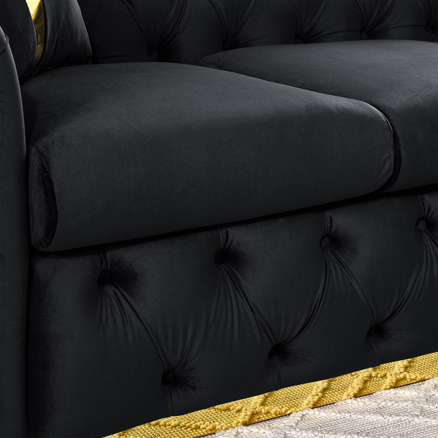 Canapé 3 places en velours 90,6 avec 2 coussins haute densité, touches dorées et coussins