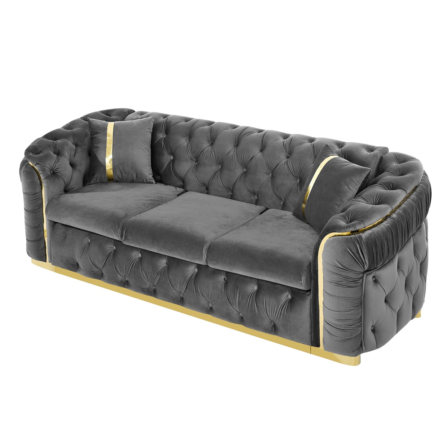 Canapé 3 places en velours 90,6 avec 2 coussins haute densité, touches dorées et coussins