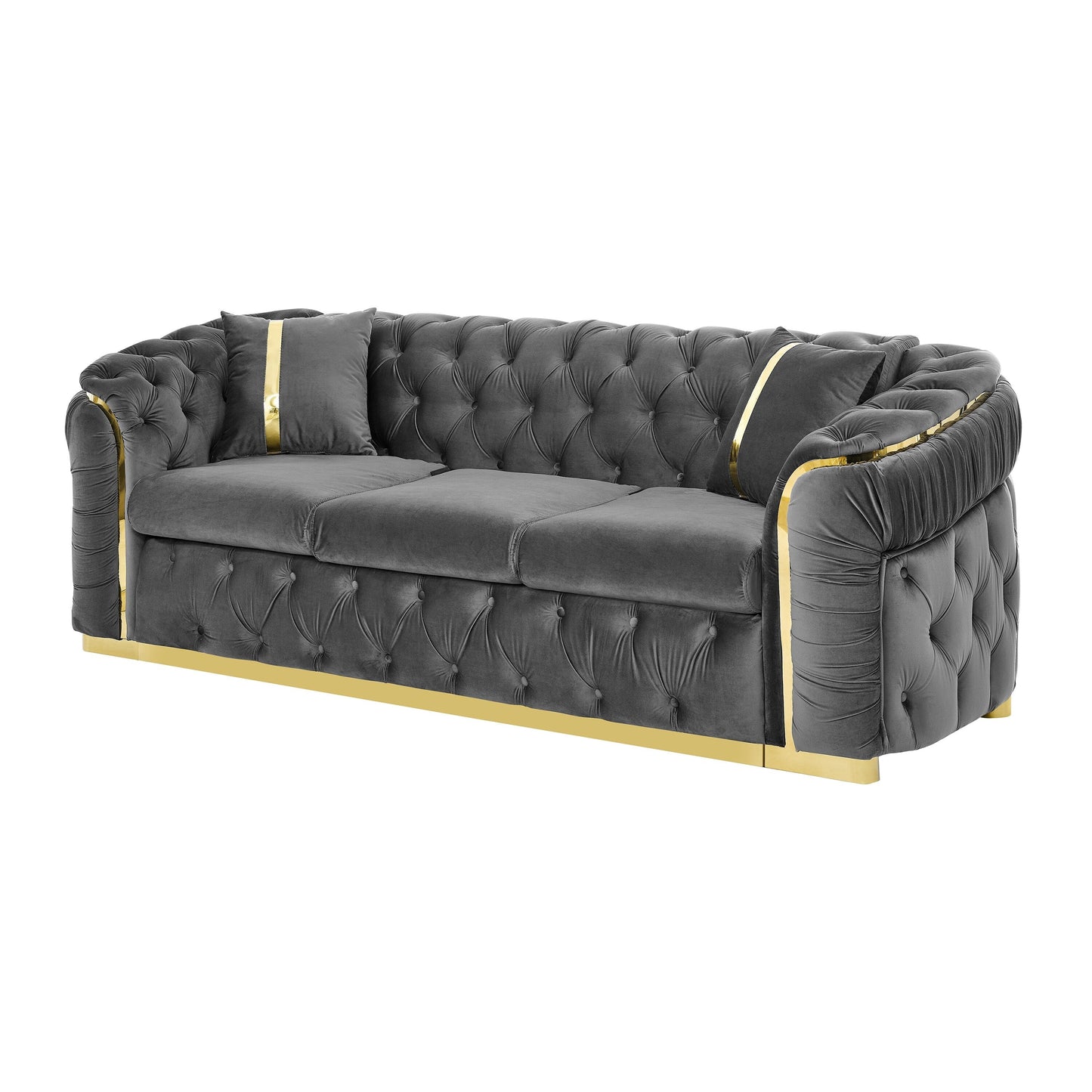 Canapé 3 places en velours 90,6 avec 2 coussins haute densité, touches dorées et coussins