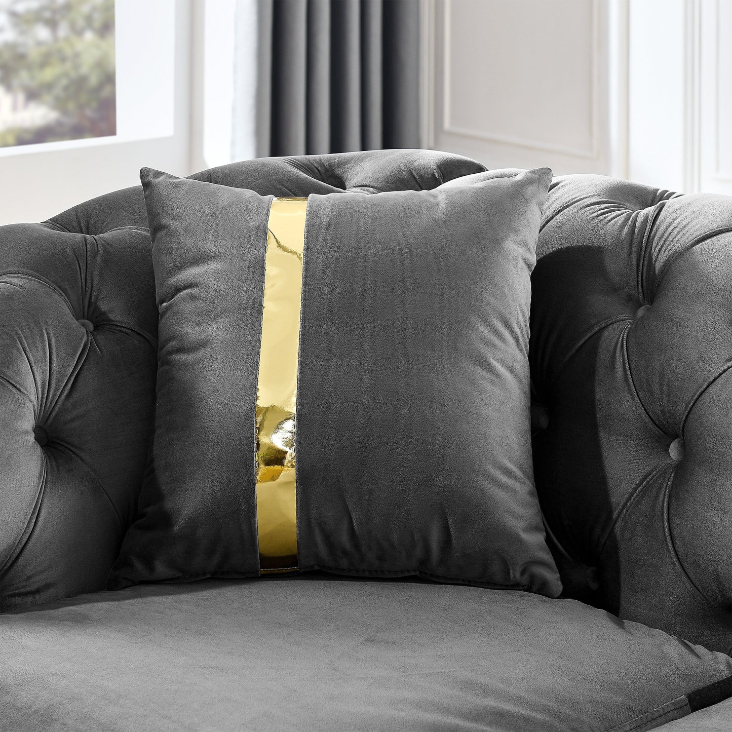 Canapé 3 places en velours 90,6 avec 2 coussins haute densité, touches dorées et coussins