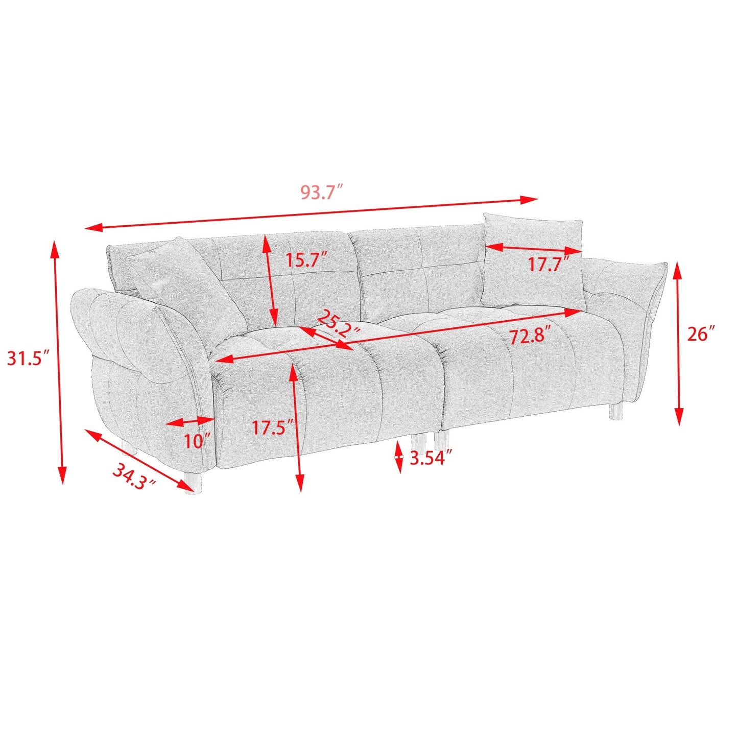 Canapé Teddy de 93,70 pouces de long, avec deux coussins assortis et trois sièges spacieux et confortables.