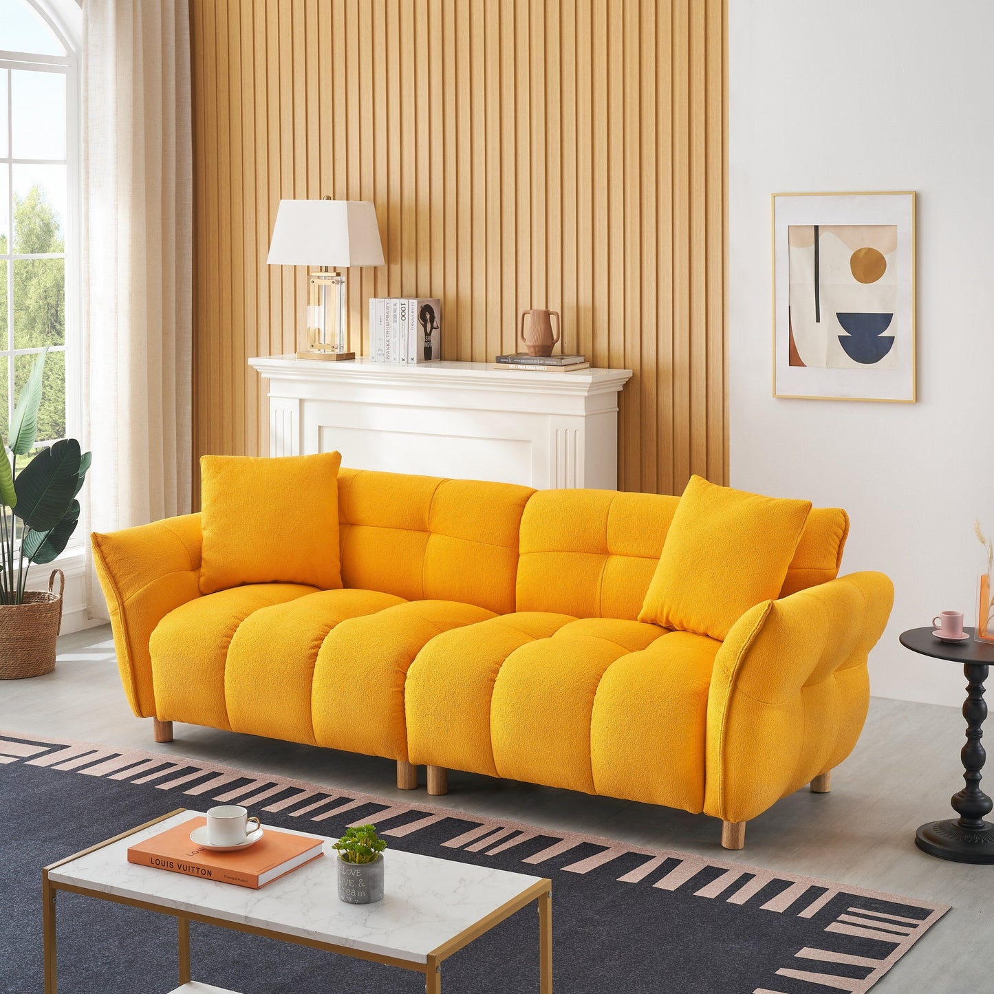 Canapé Teddy en tissu de 93,70 pouces de long, avec deux oreillers assortis et trois sièges spacieux et confortables