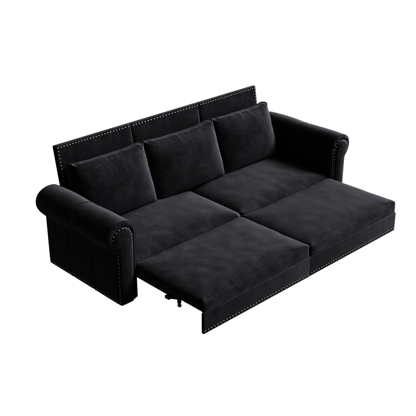 Canapé-lit 3 places en velours 93,7 pouces 3 en 1 avec accoudoirs roulés et garniture cloutée