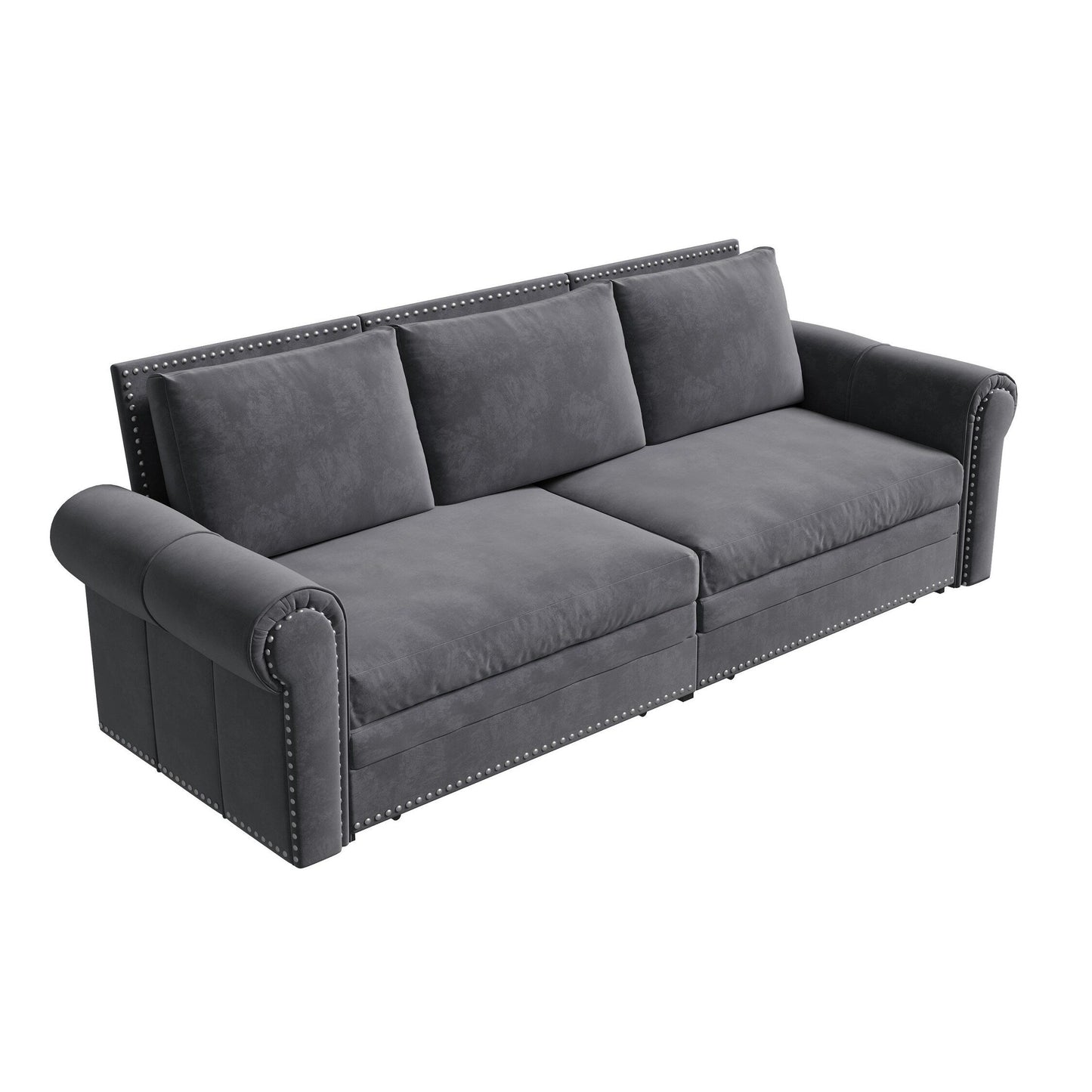 Canapé-lit 3 places en velours 93,7 pouces 3 en 1 avec accoudoirs roulés et garniture cloutée