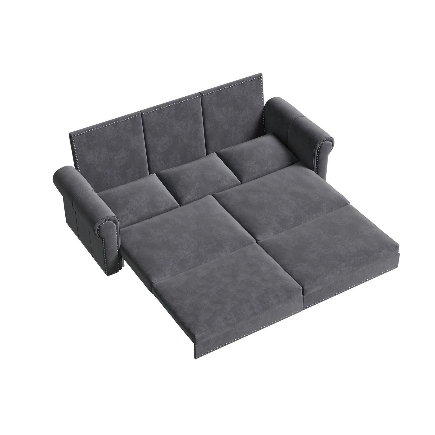 Canapé-lit 3 places en velours 93,7 pouces 3 en 1 avec accoudoirs roulés et garniture cloutée