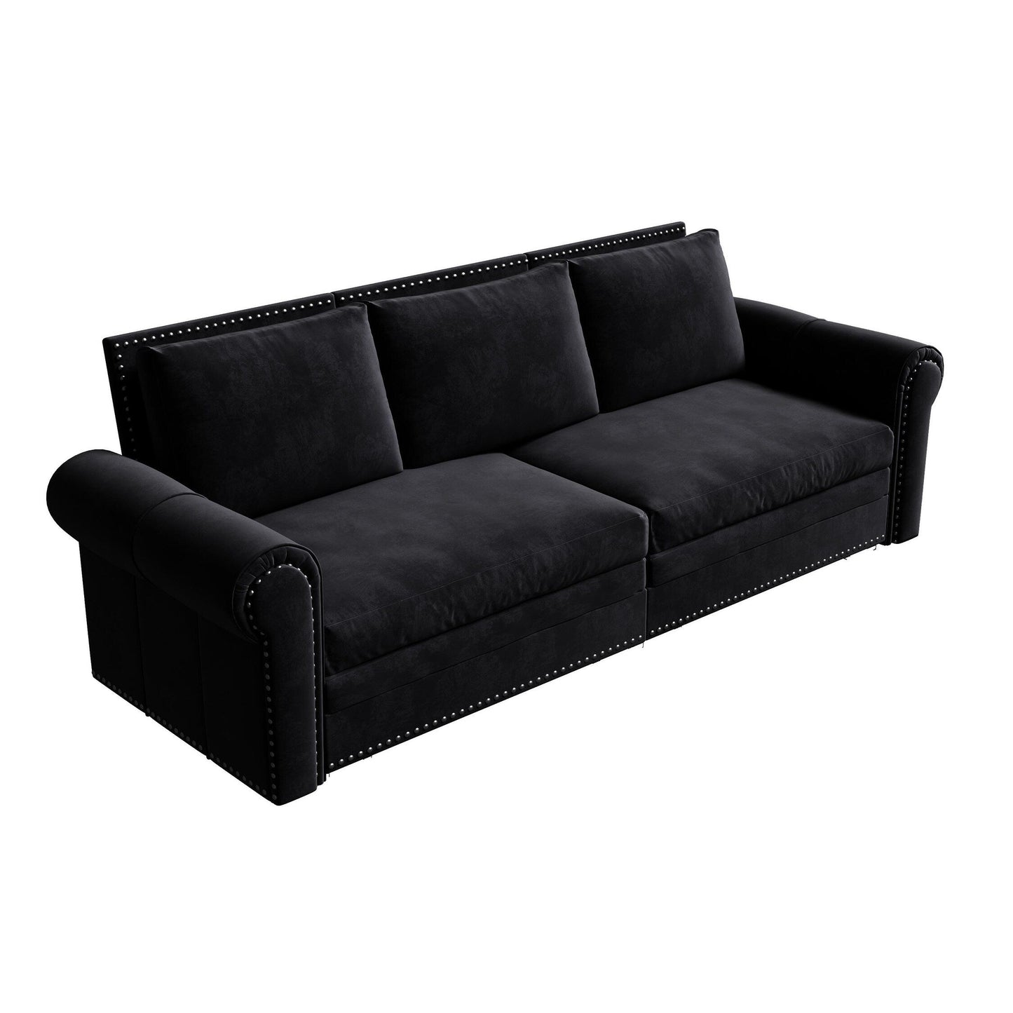 Canapé-lit 3 places en velours 93,7 pouces 3 en 1 avec accoudoirs roulés et garniture cloutée