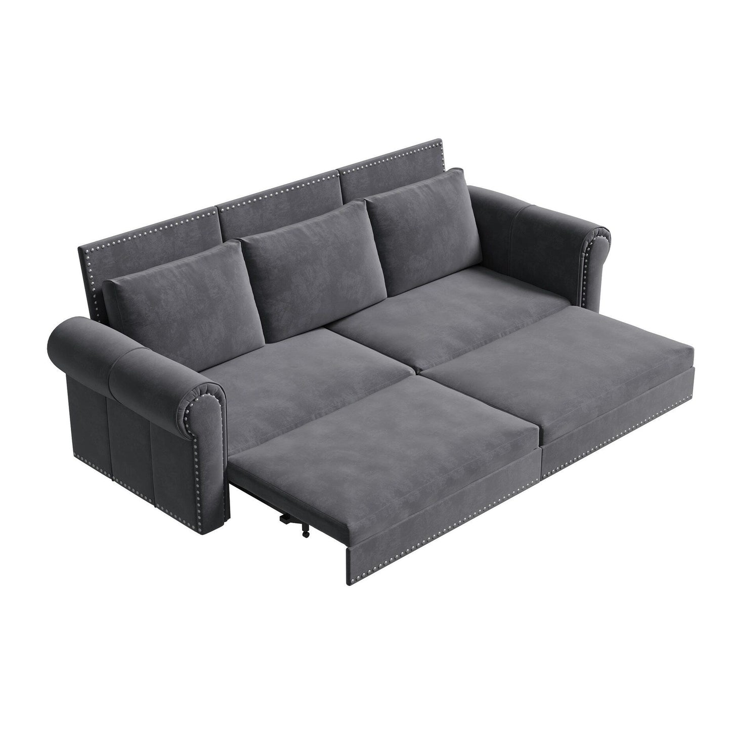 Canapé-lit 3 places en velours 93,7 pouces 3 en 1 avec accoudoirs roulés et garniture cloutée