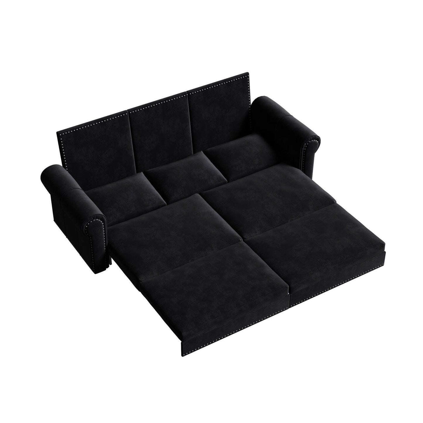 Canapé-lit 3 places en velours 93,7 pouces 3 en 1 avec accoudoirs roulés et garniture cloutée