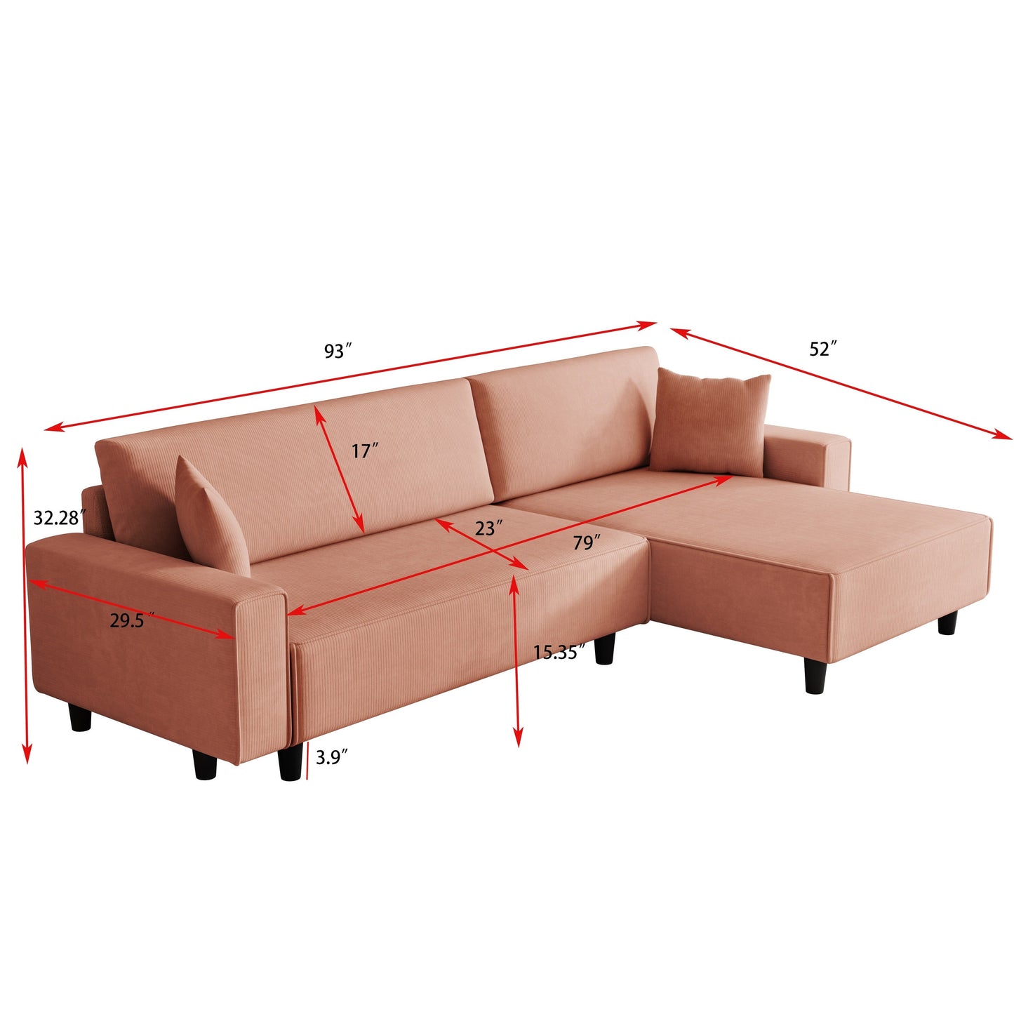 Canapé-lit convertible 3 places en velours côtelé de 93 po avec méridienne réglable, deux oreillers et rangement - Design compact