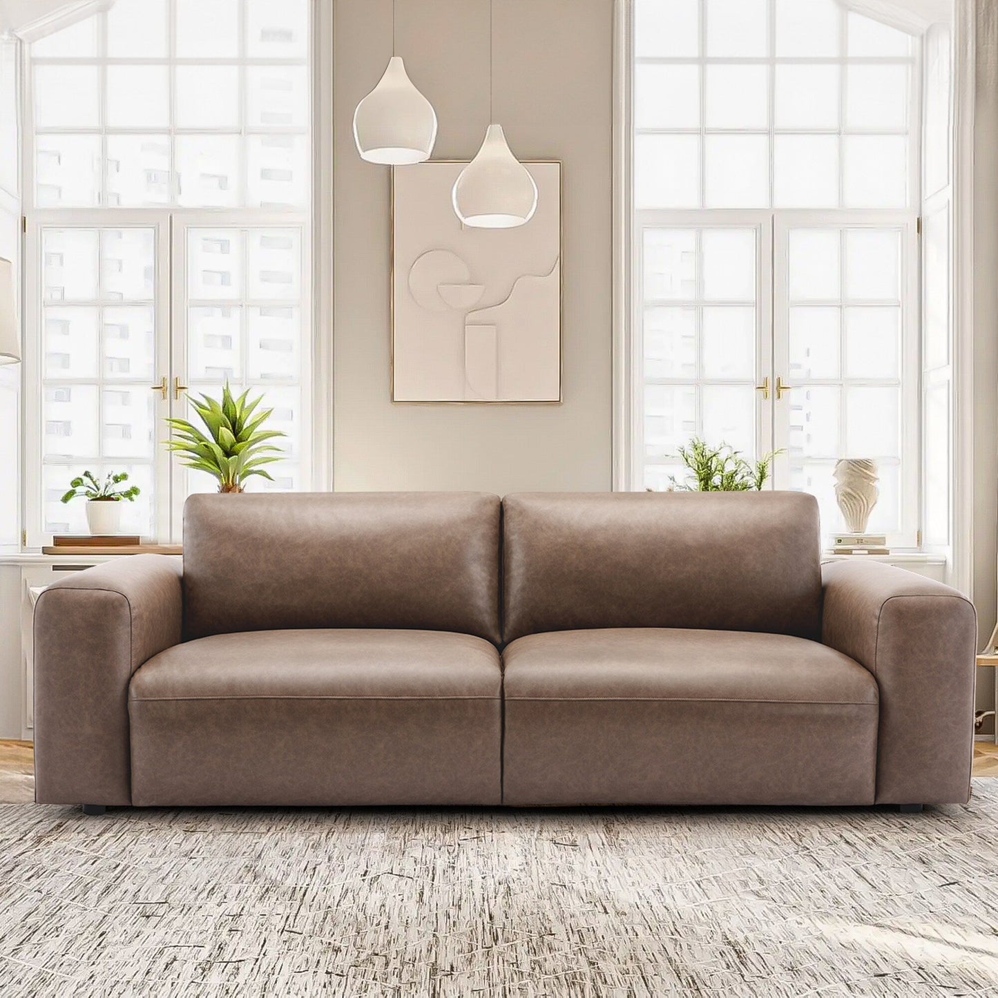 Canapé 3 places surdimensionné 95 cm - Assises extra profondes et accoudoirs larges, canapé en cuir PU garni de duvet pour salon et appartement