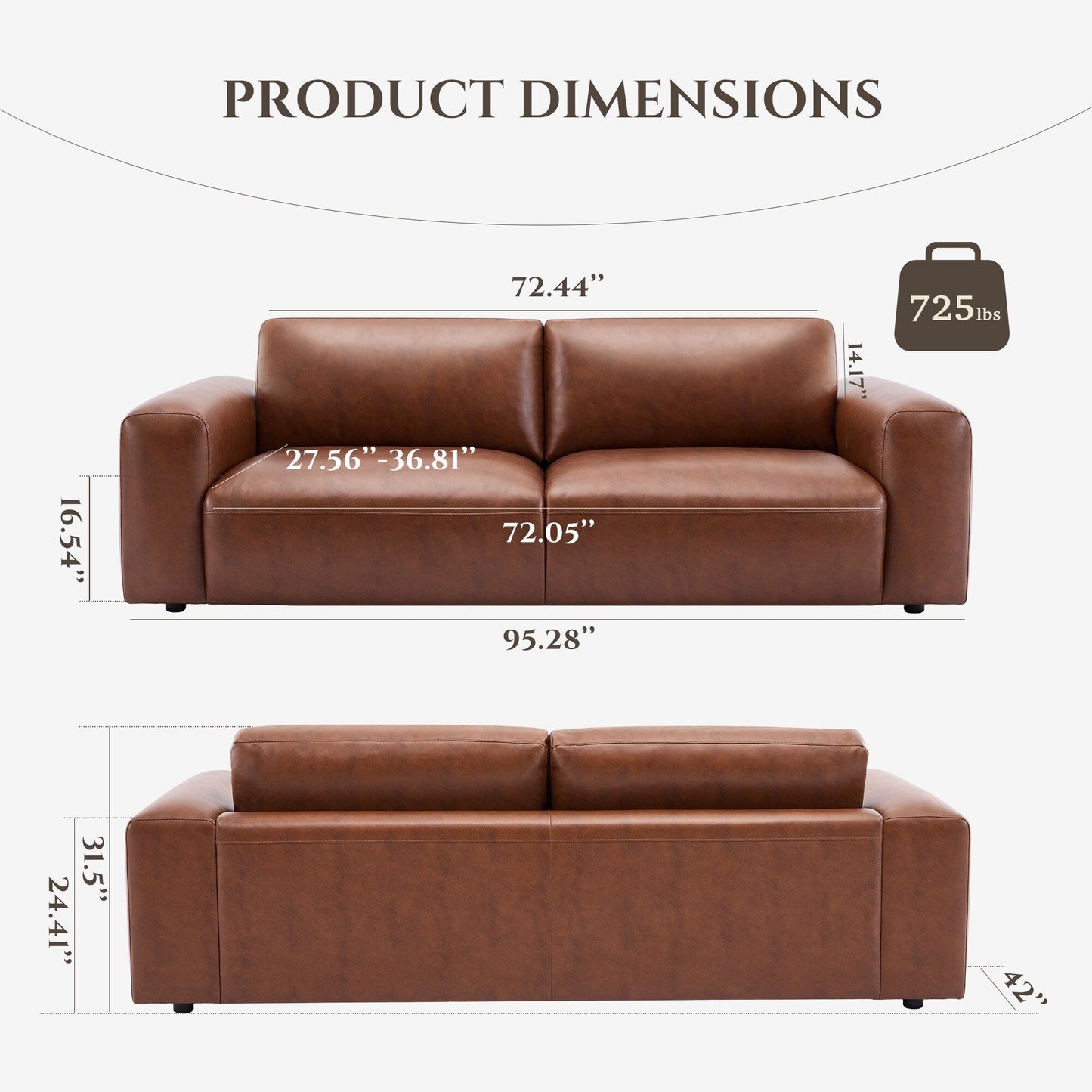 Canapé 3 places surdimensionné 95 cm - Assises extra profondes et accoudoirs larges, canapé en cuir PU garni de duvet pour salon et appartement