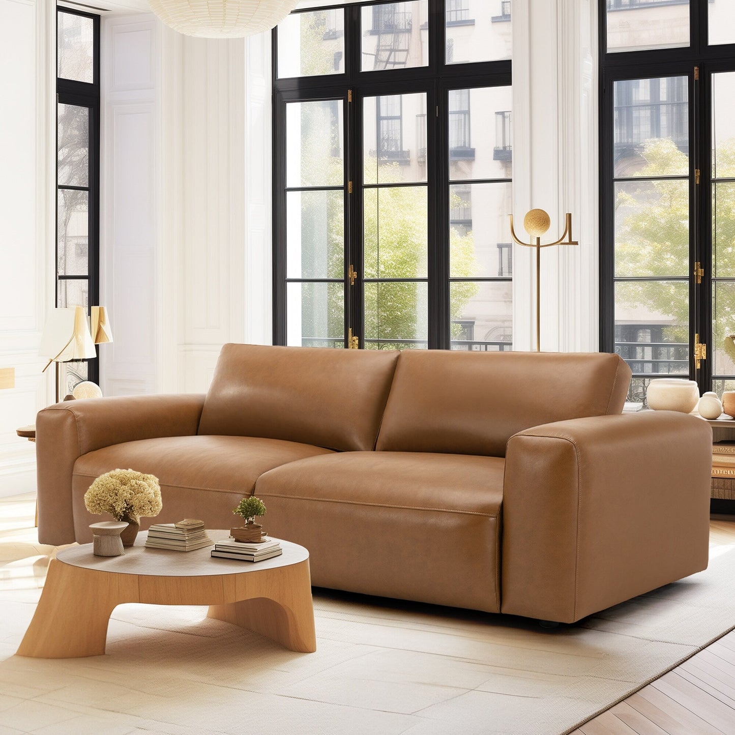 Canapé 3 places surdimensionné 95 cm - Assises extra profondes et accoudoirs larges, canapé en cuir PU garni de duvet pour salon et appartement