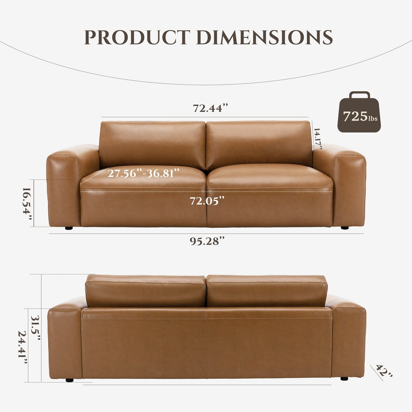 Canapé 3 places surdimensionné 95 cm - Assises extra profondes et accoudoirs larges, canapé en cuir PU garni de duvet pour salon et appartement