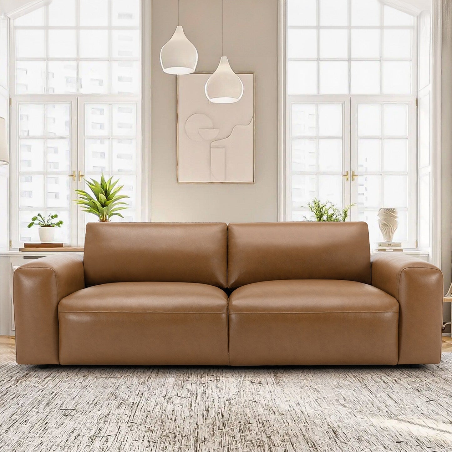 Canapé 3 places surdimensionné 95 cm - Assises extra profondes et accoudoirs larges, canapé en cuir PU garni de duvet pour salon et appartement