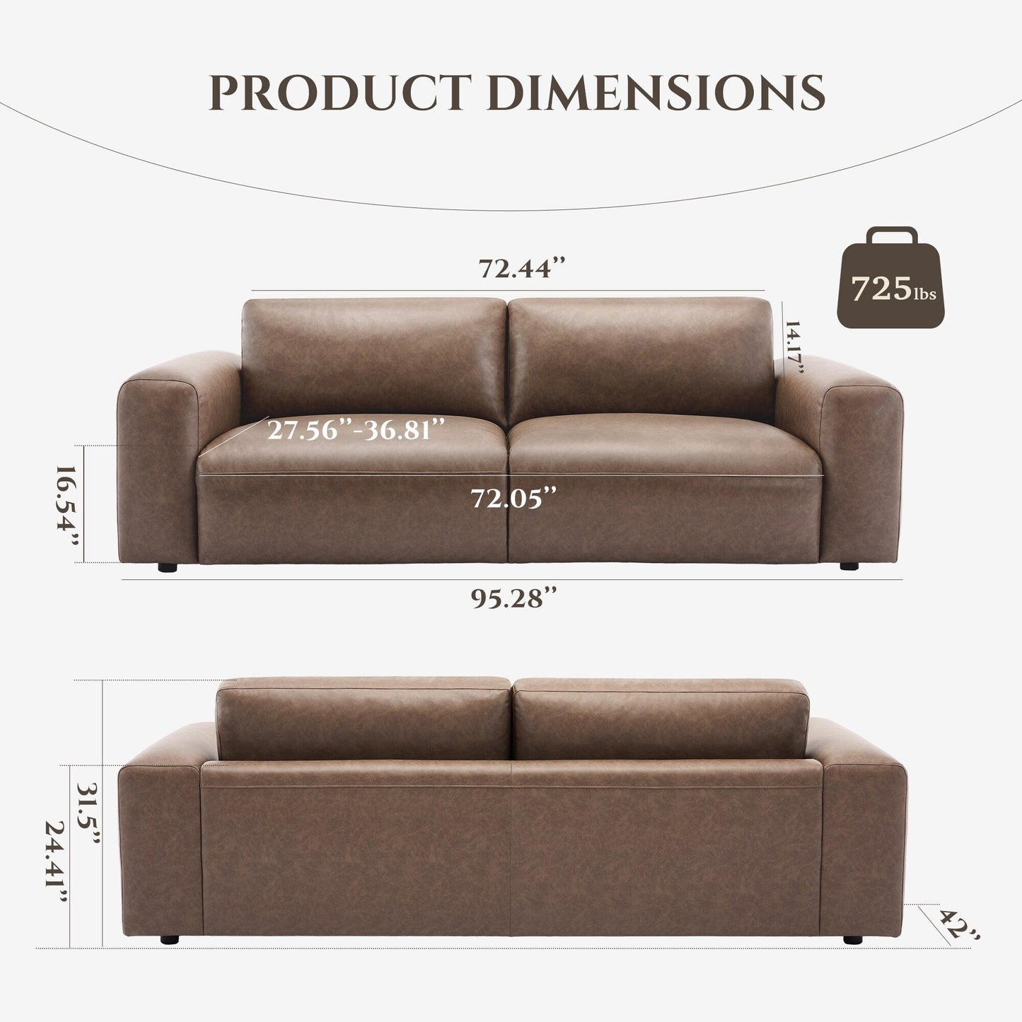 Canapé 3 places surdimensionné 95 cm - Assises extra profondes et accoudoirs larges, canapé en cuir PU garni de duvet pour salon et appartement