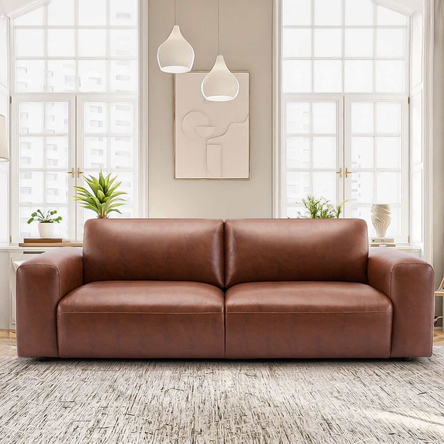 Canapé 3 places surdimensionné 95 cm - Assises extra profondes et accoudoirs larges, canapé en cuir PU garni de duvet pour salon et appartement