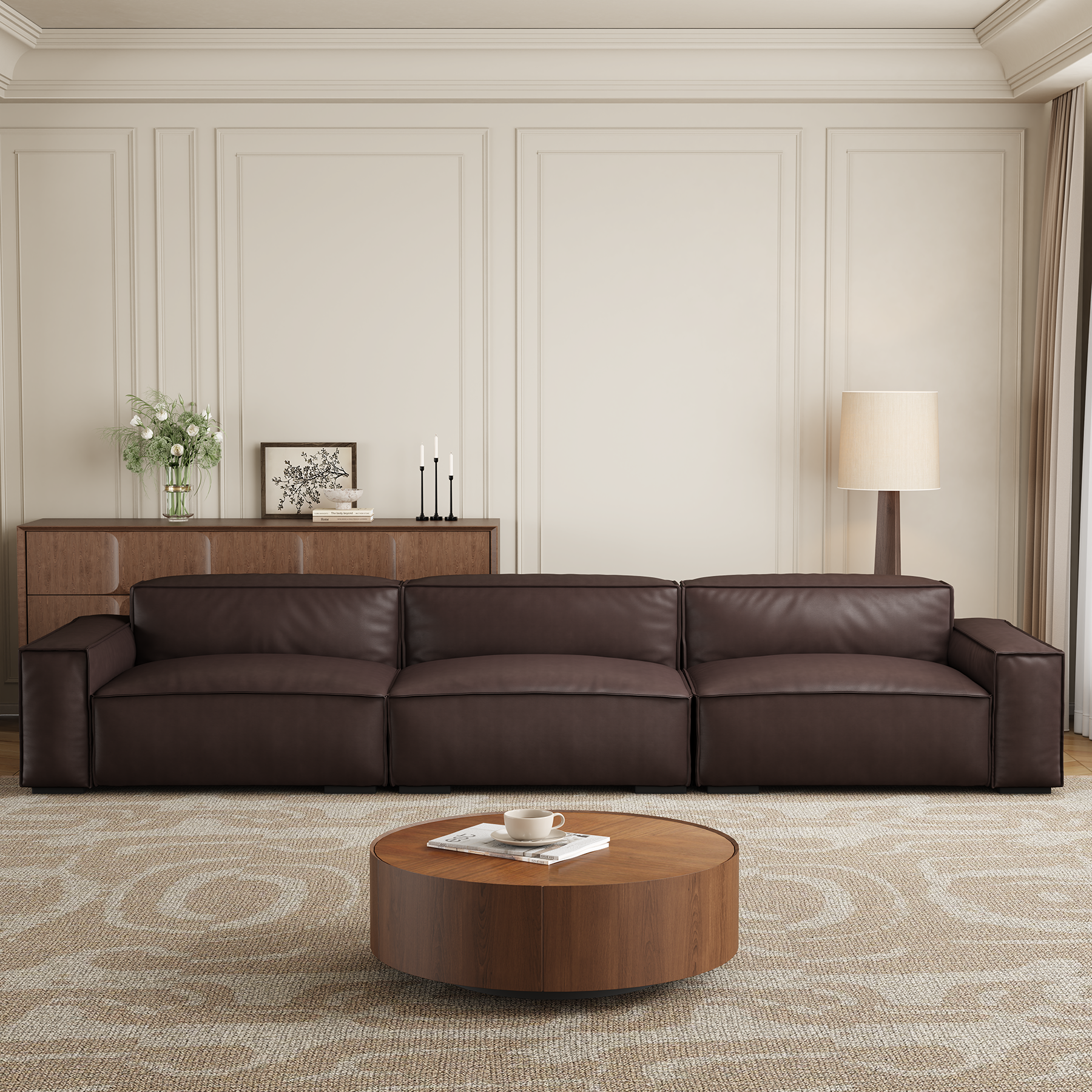 Canapé de luxe minimaliste en cuir marron foncé