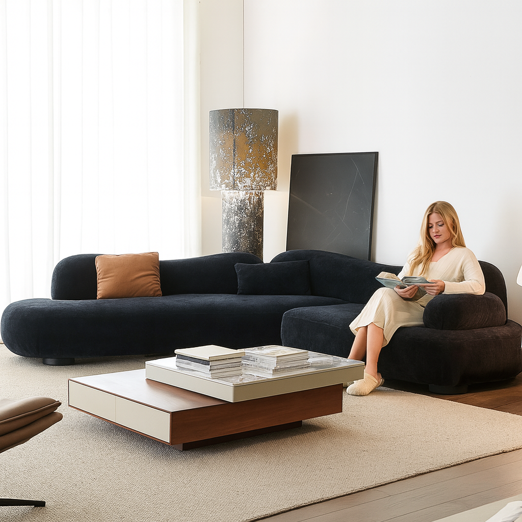 Velvet Curved Sectional Sofa in Midnight Black
