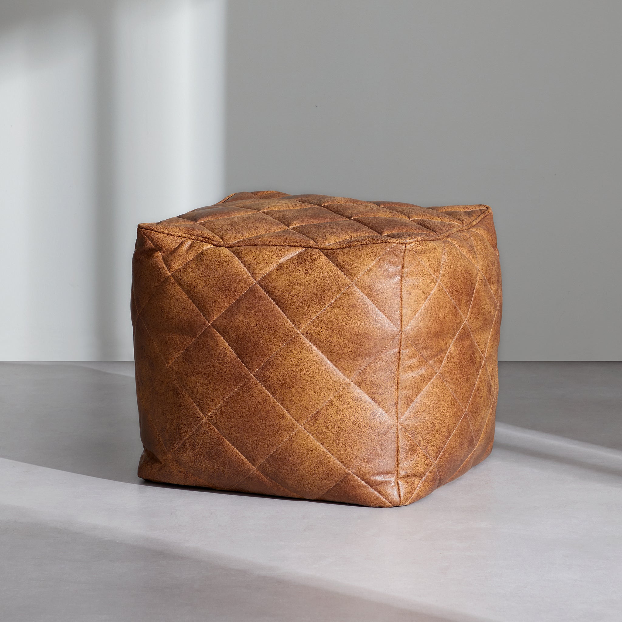 Waffle Dark Gray Leathaire Square Pouf