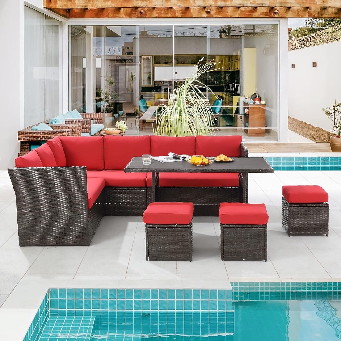 Canapé sectionnel en osier pour patio extérieur AECOJOY 7 pièces avec table à manger