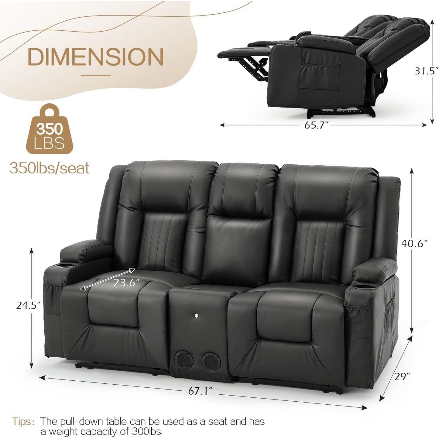 Canapé inclinable manuel AECOJOY pour camping-car, siège de cinéma maison en polyuréthane avec console