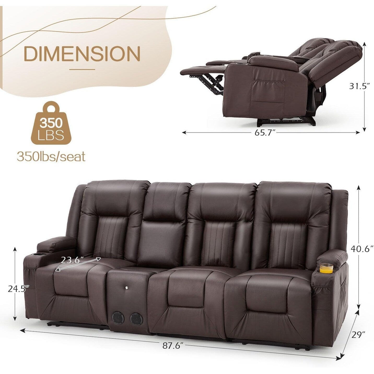 Canapé inclinable manuel AECOJOY pour camping-car, siège de cinéma maison en polyuréthane avec console