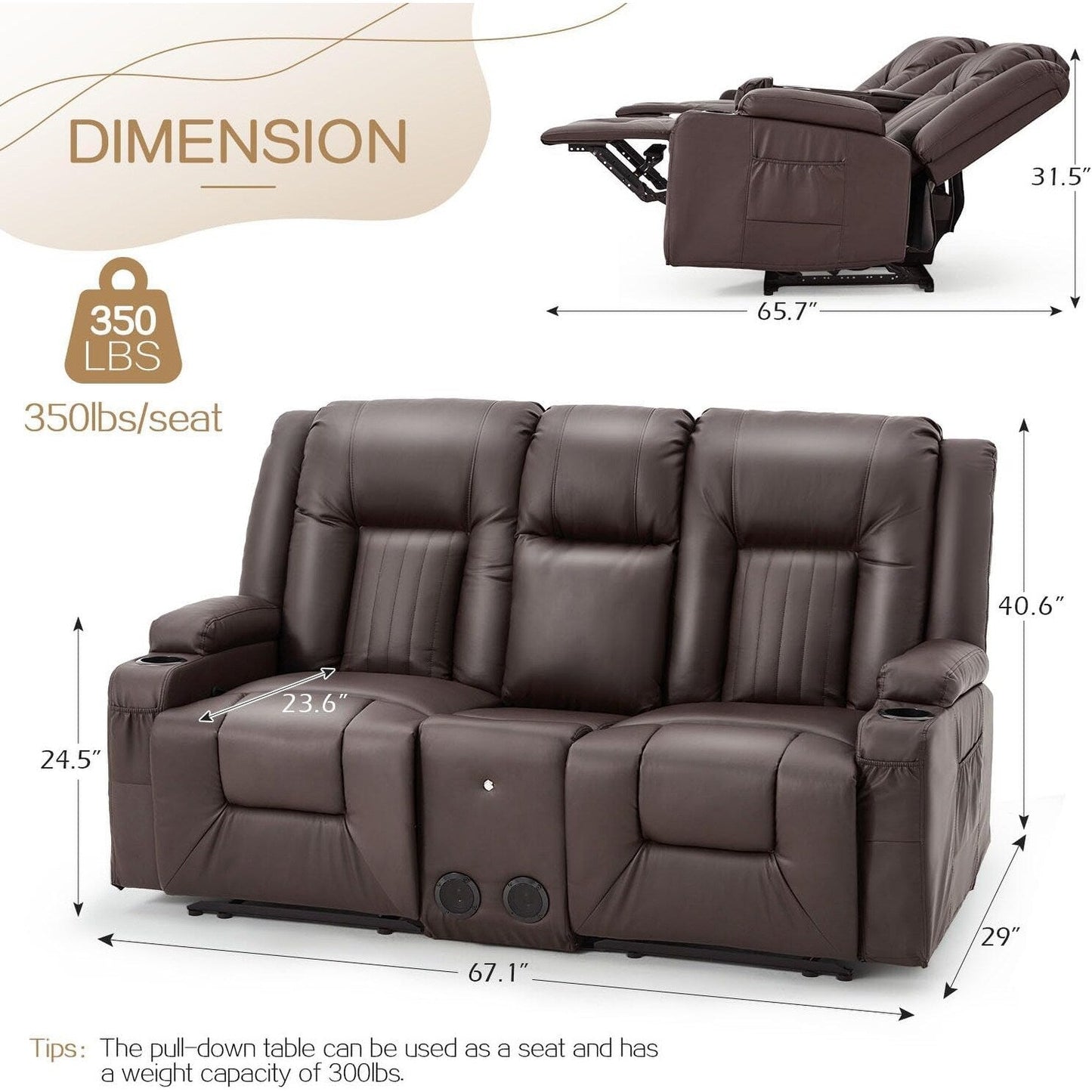 Canapé inclinable manuel AECOJOY pour camping-car, siège de cinéma maison en polyuréthane avec console