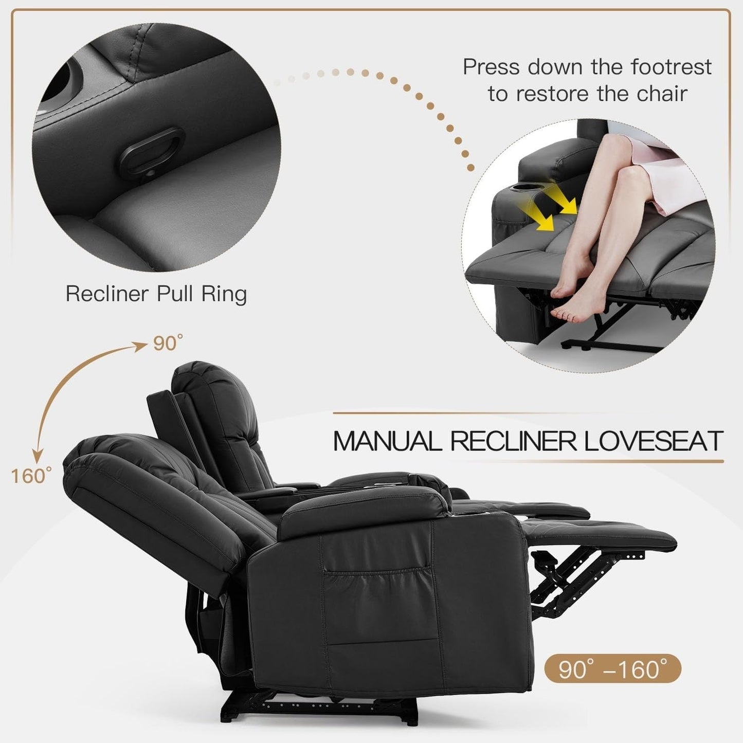 Canapé inclinable manuel AECOJOY pour camping-car, siège de cinéma maison en polyuréthane avec console