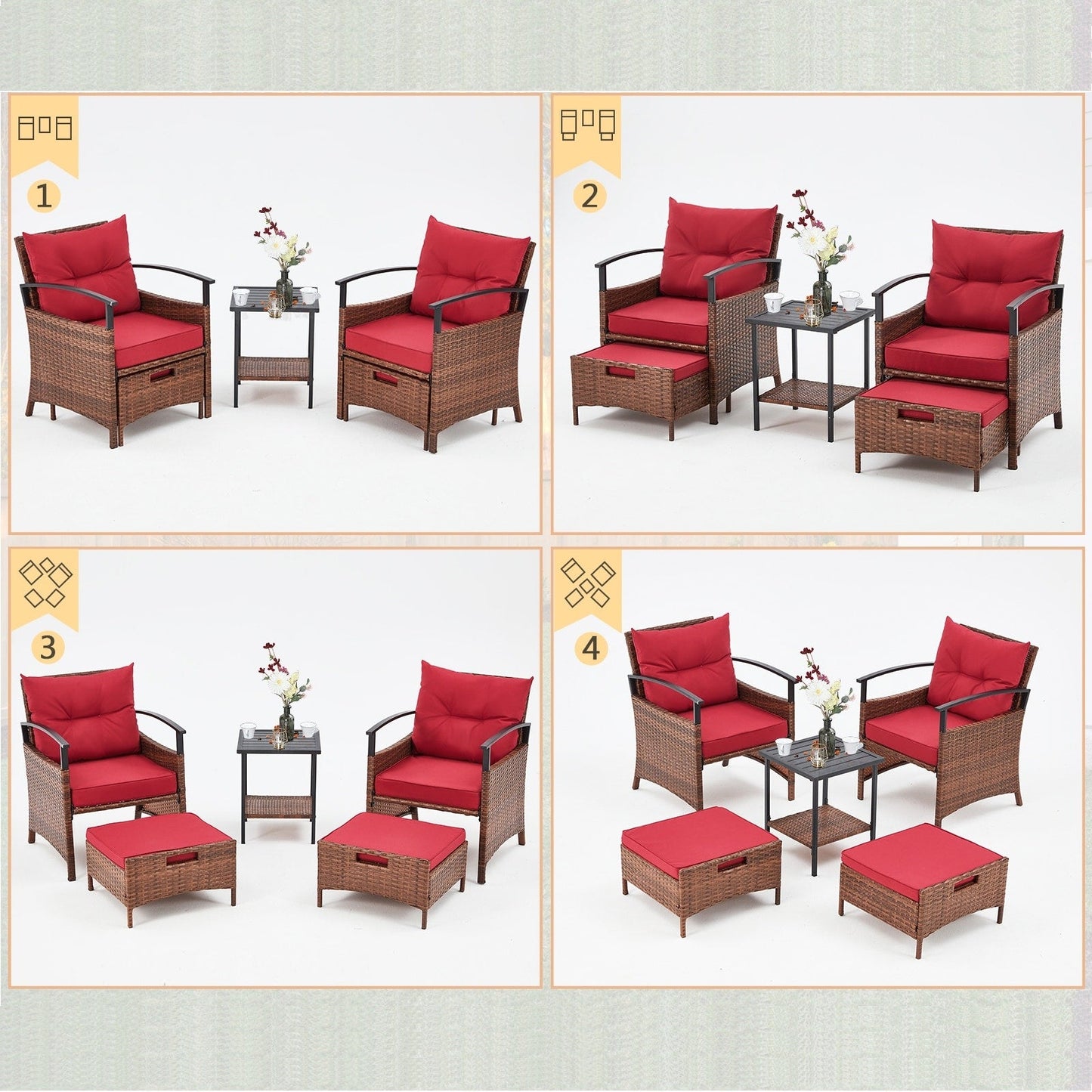 Ensemble de meubles de patio AVAWING 5 pièces en osier avec table basse et pouf