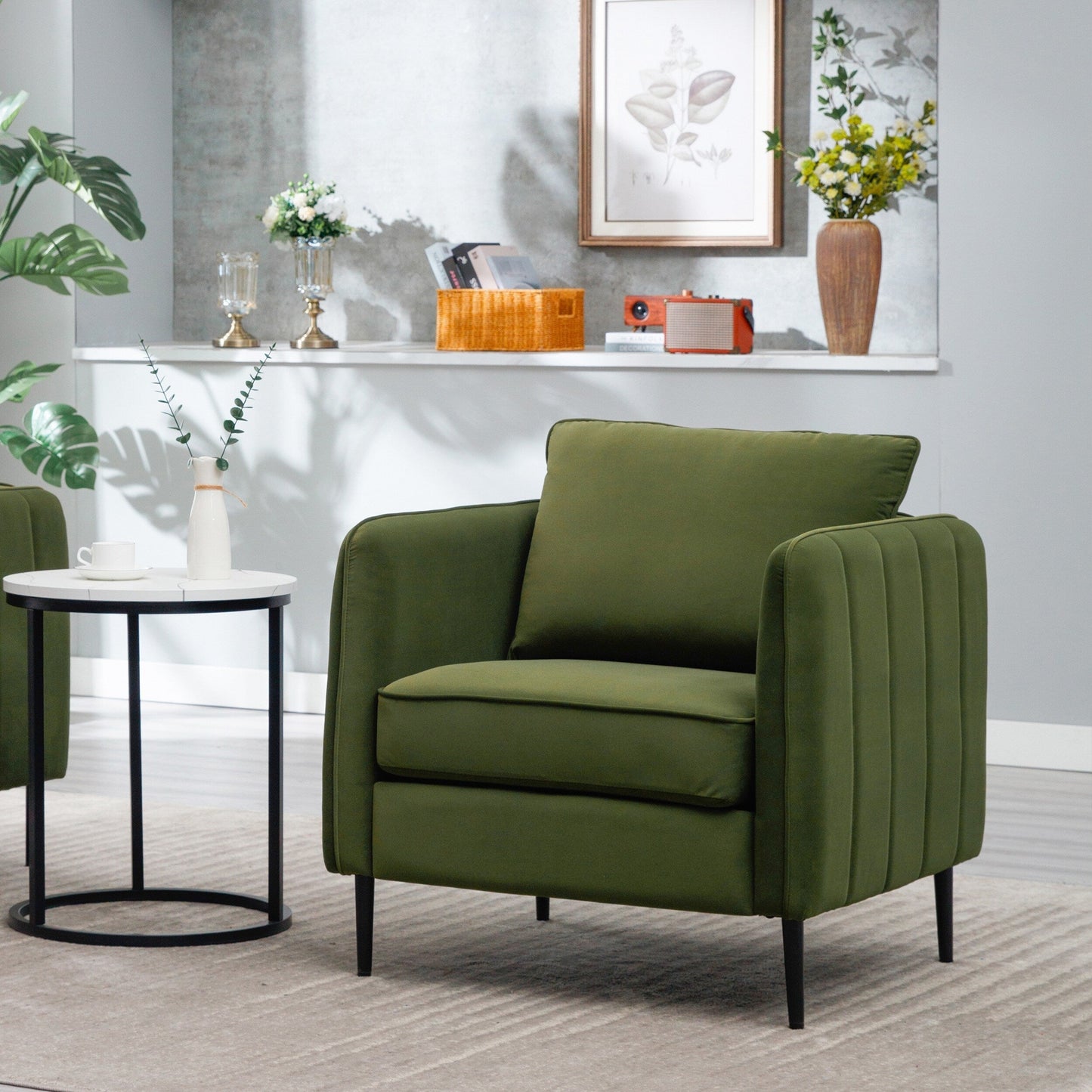 Fauteuil d'appoint pour salon, canapé simple confortable en velours, fauteuil moderne du milieu du siècle avec 1 coussin et pieds en métal