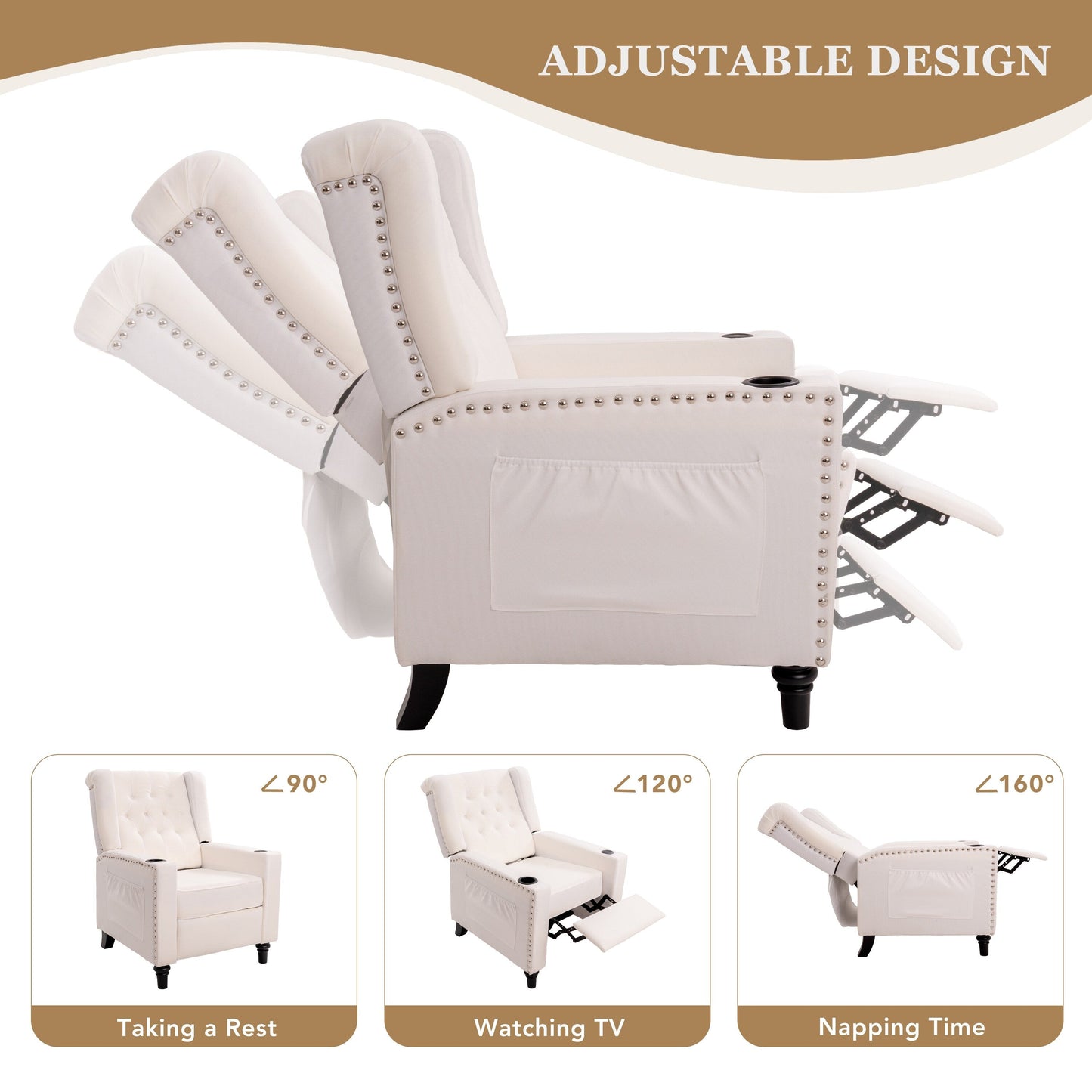 Fauteuil inclinable à dossier réglable et à oreilles, fauteuil clouté, grand canapé rembourré