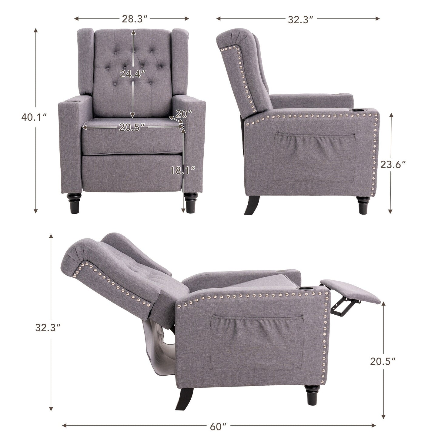 Fauteuil inclinable à dossier réglable et à oreilles, fauteuil clouté, grand canapé rembourré