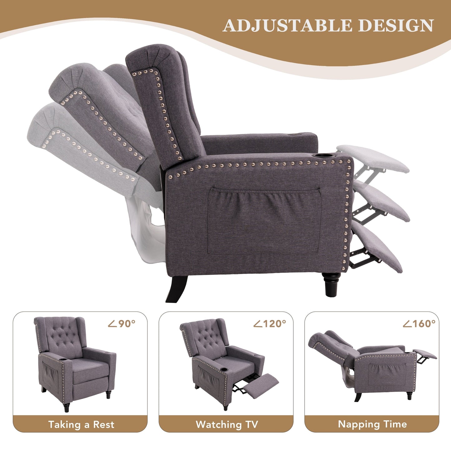 Fauteuil inclinable à dossier réglable et à oreilles, fauteuil clouté, grand canapé rembourré