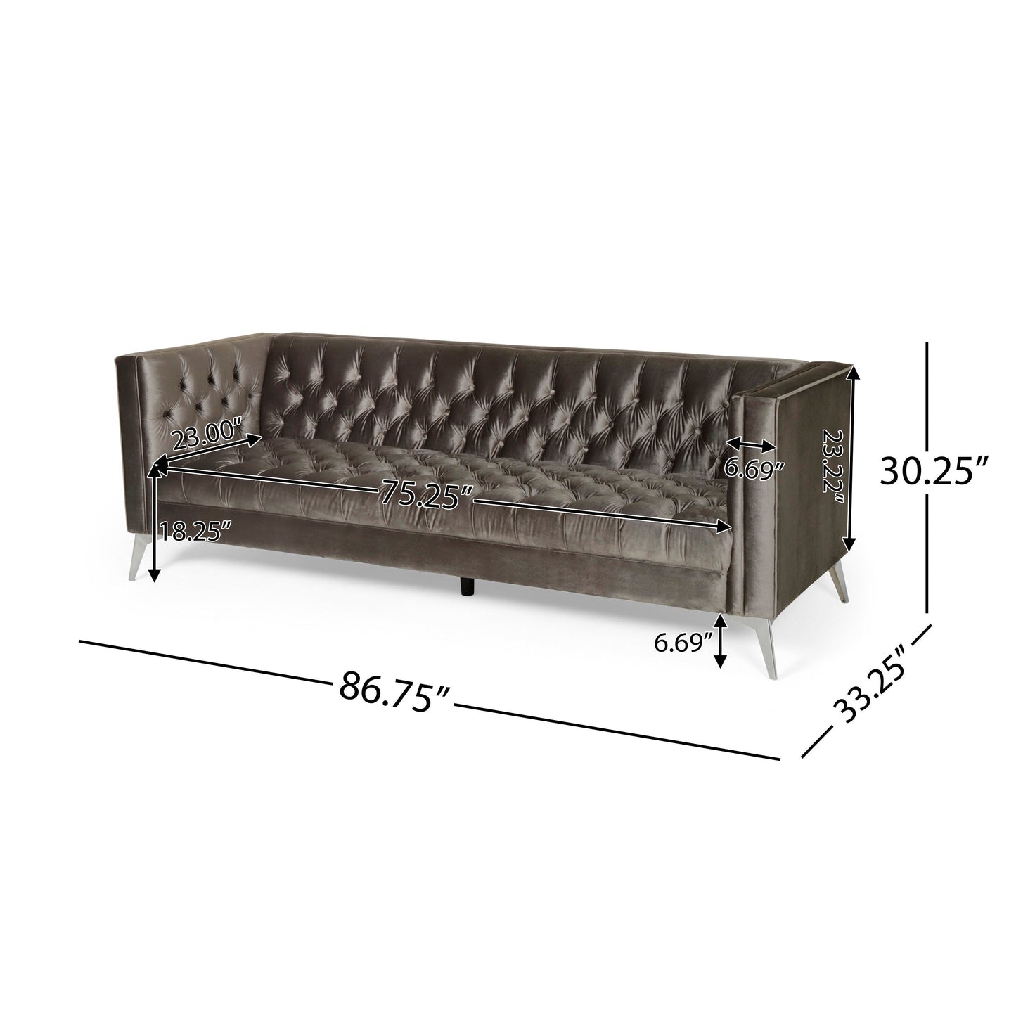 Canapé Aeny 87 pouces, 3 places, tissu gris capitonné, pieds chromés inclinés