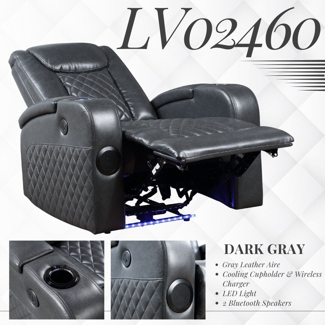 Fauteuil inclinable électrique Alair en cuir gris foncé avec Bluetooth, chargeur sans fil et porte-gobelet