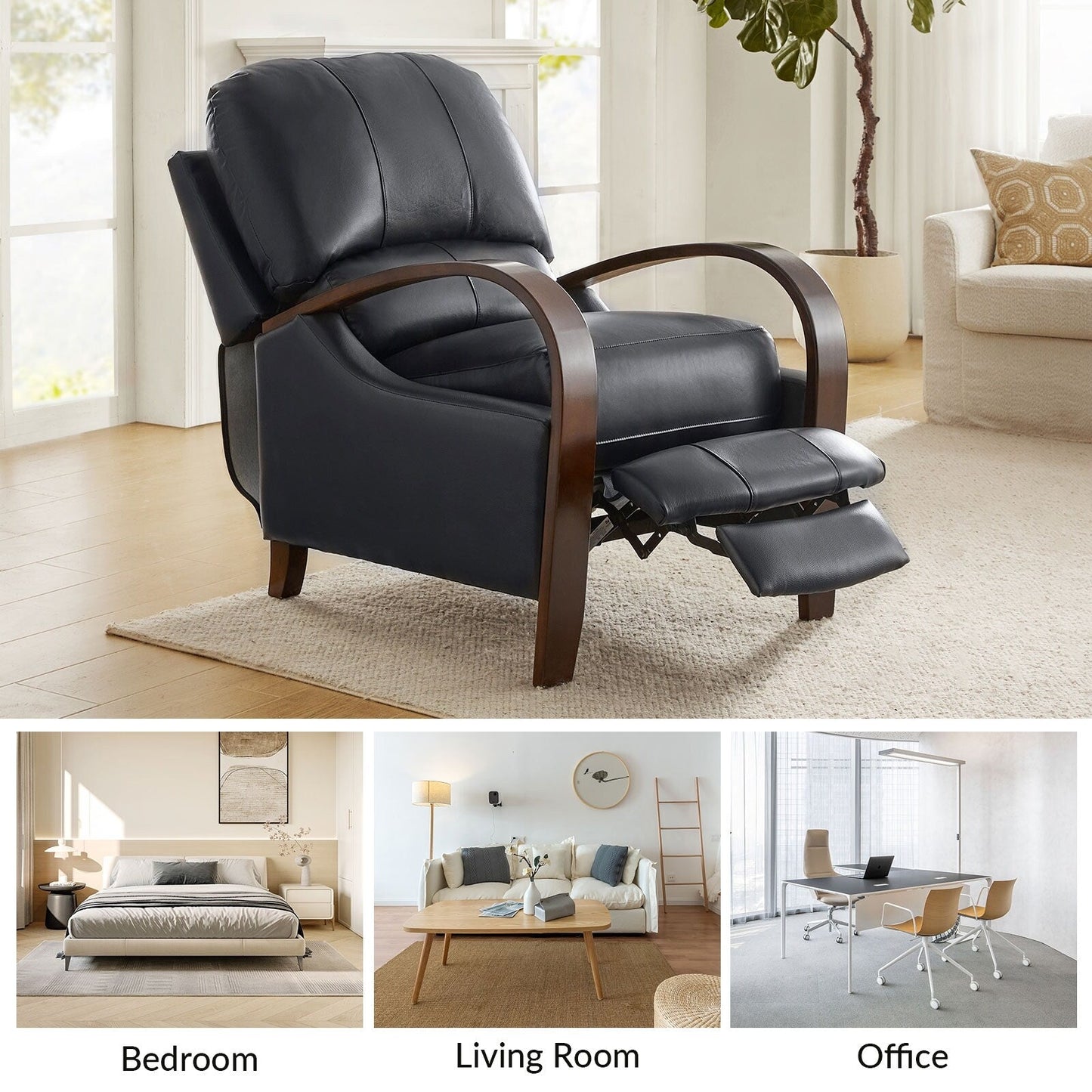 Fauteuil inclinable manuel Alex Mid-Century Modern en cuir véritable avec accoudoirs incurvés en bois, lot de 2