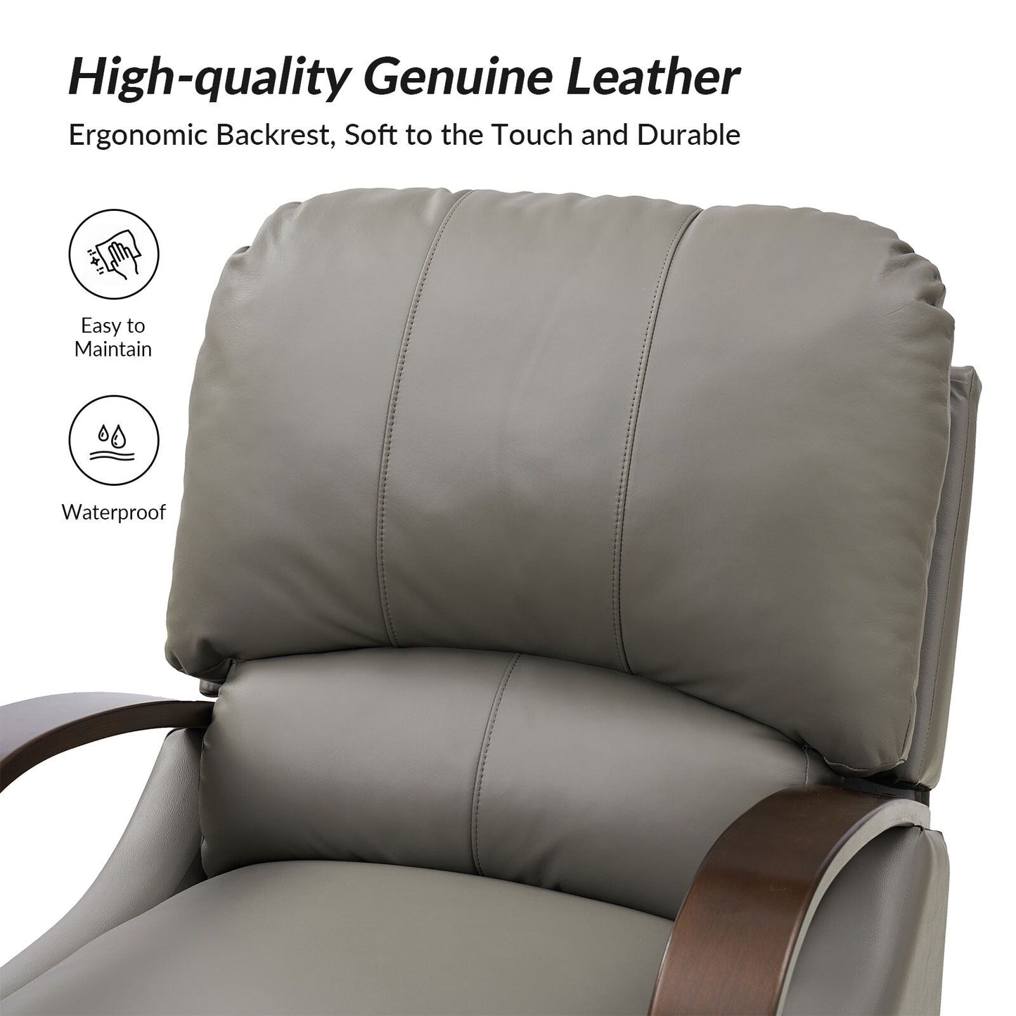 Fauteuil inclinable manuel Alex Mid-Century Modern en cuir véritable avec accoudoirs incurvés en bois, lot de 2