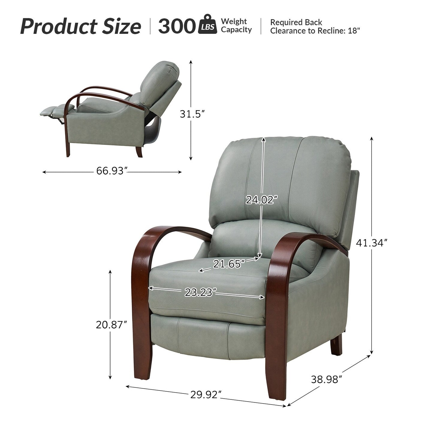 Fauteuil inclinable manuel Alex Mid-Century Modern en cuir véritable avec accoudoirs incurvés en bois, lot de 2