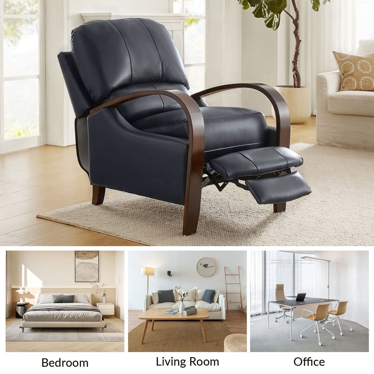 Fauteuil inclinable manuel Alex Mid-Century Modern en cuir véritable avec accoudoirs incurvés en bois, lot de 2