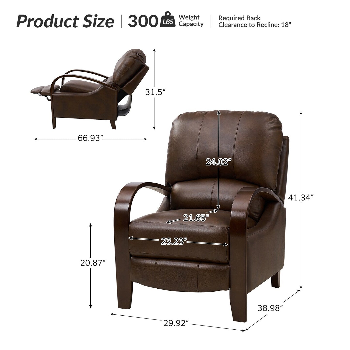 Fauteuil inclinable manuel Alex Mid-Century Modern en cuir véritable avec accoudoirs incurvés en bois, lot de 2