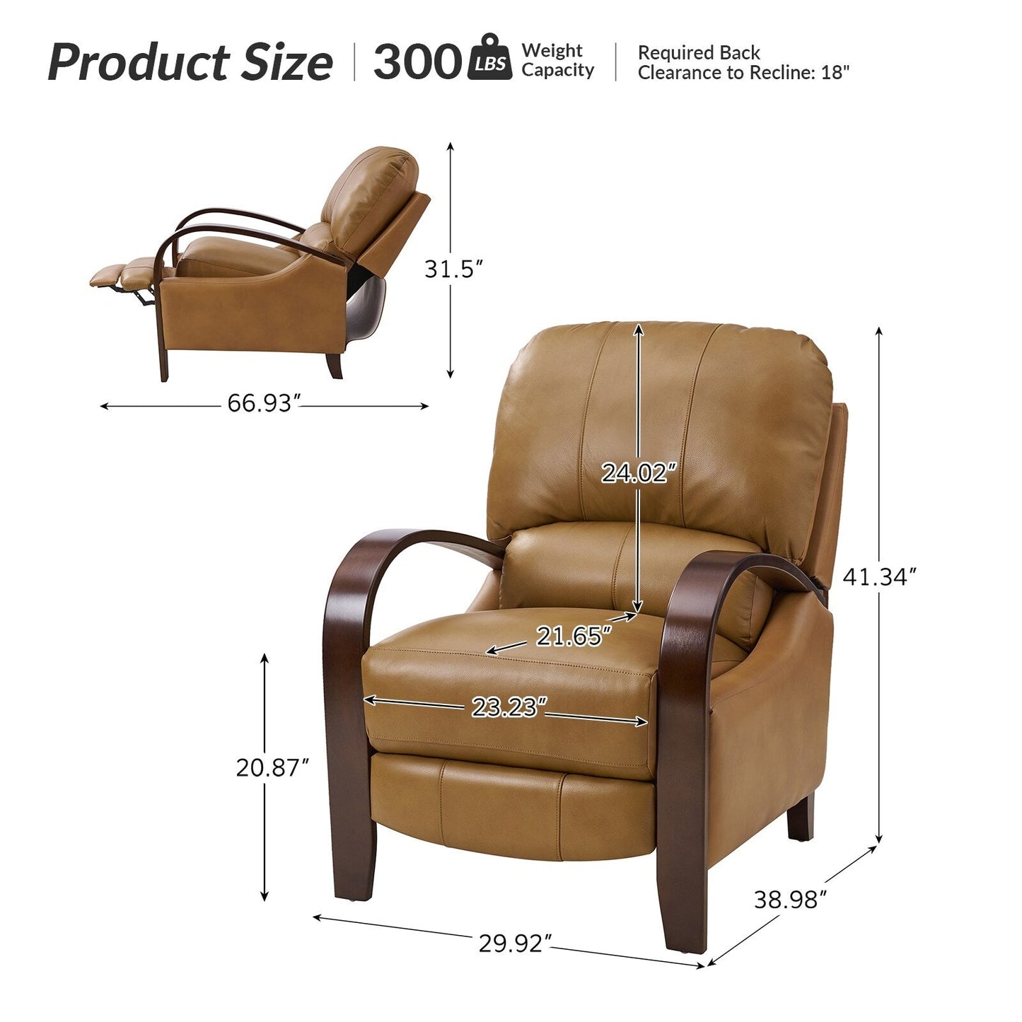Fauteuil inclinable manuel Alex Mid-Century Modern en cuir véritable avec accoudoirs incurvés en bois, lot de 2