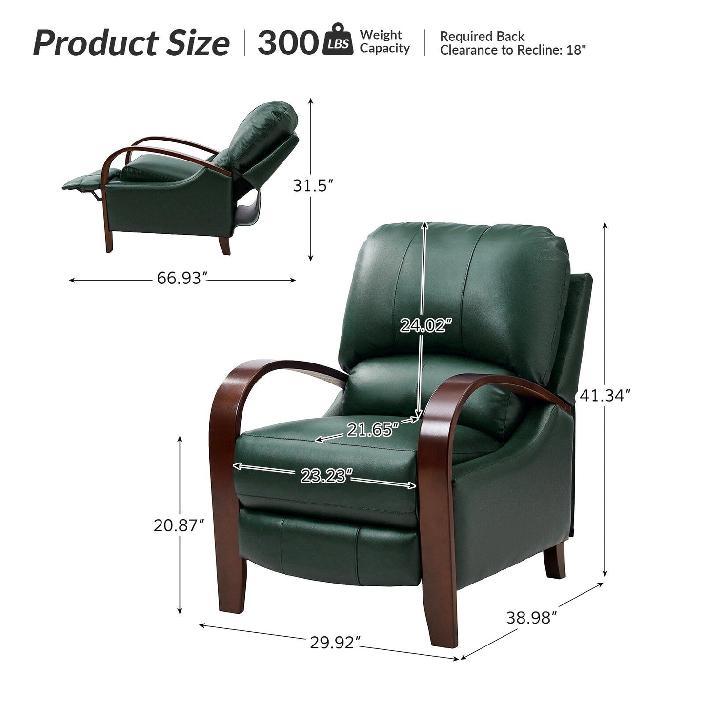 Fauteuil inclinable manuel Alex Mid-Century Modern en cuir véritable avec accoudoirs incurvés en bois, lot de 2