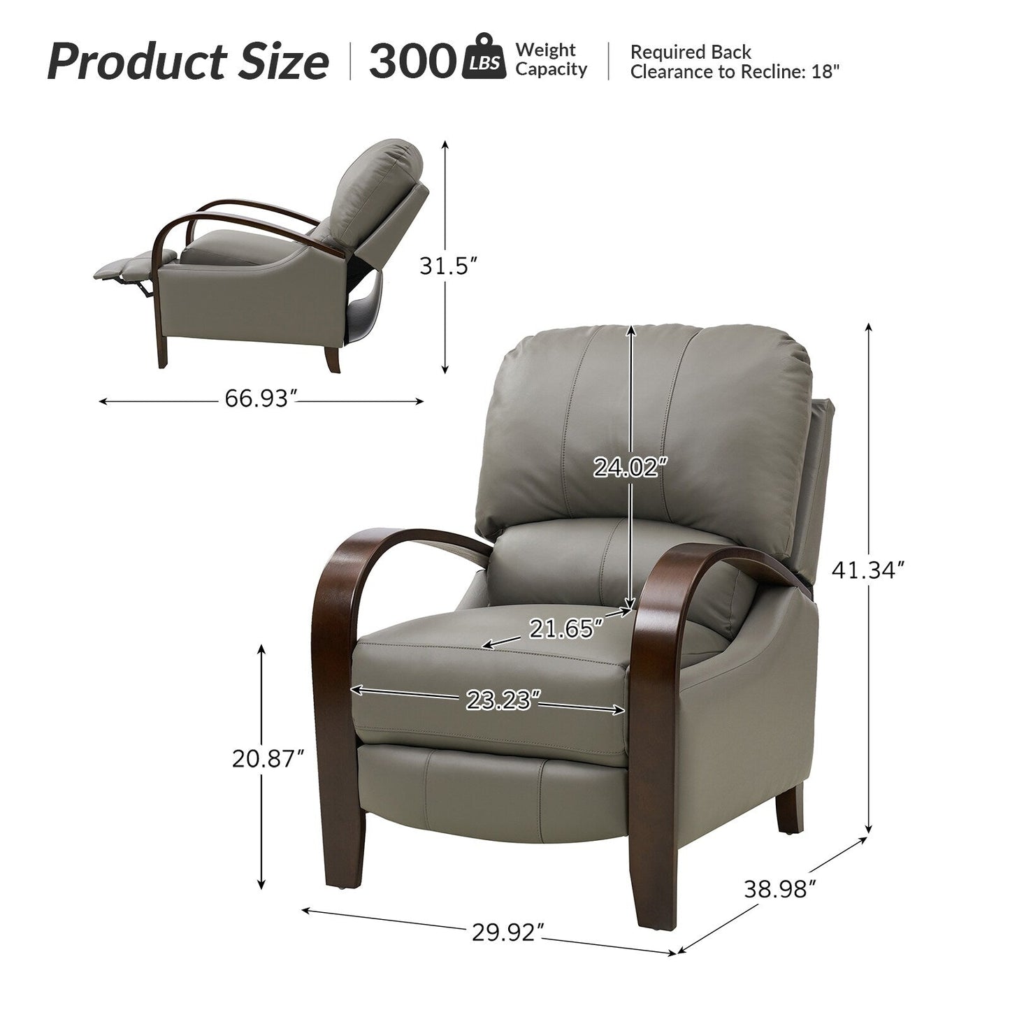 Fauteuil inclinable manuel Alex Mid-Century Modern en cuir véritable avec accoudoirs incurvés en bois, lot de 2