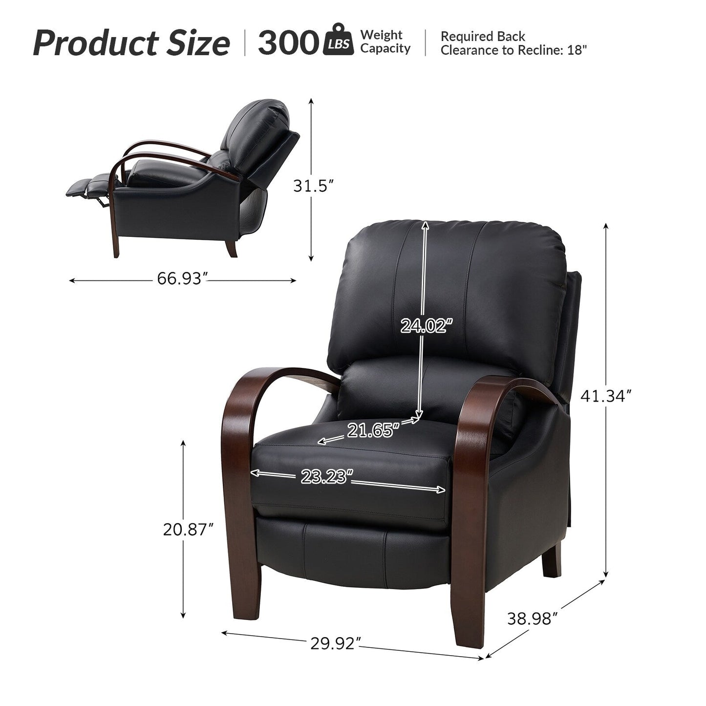 Fauteuil inclinable manuel Alex Mid-Century Modern en cuir véritable avec accoudoirs incurvés en bois, lot de 2