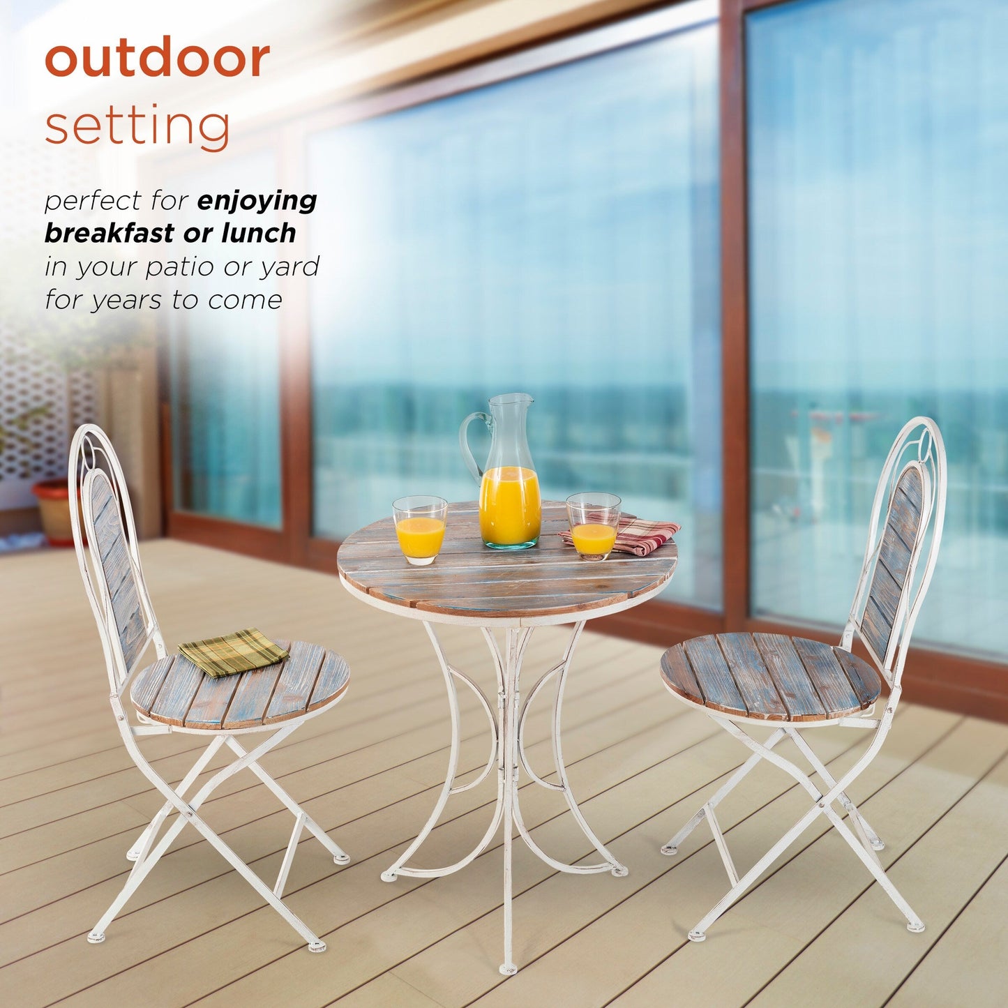 Ensemble bistrot intérieur/extérieur 3 pièces en bois et métal Alpine Corporation, table et chaises pliantes, sièges de patio