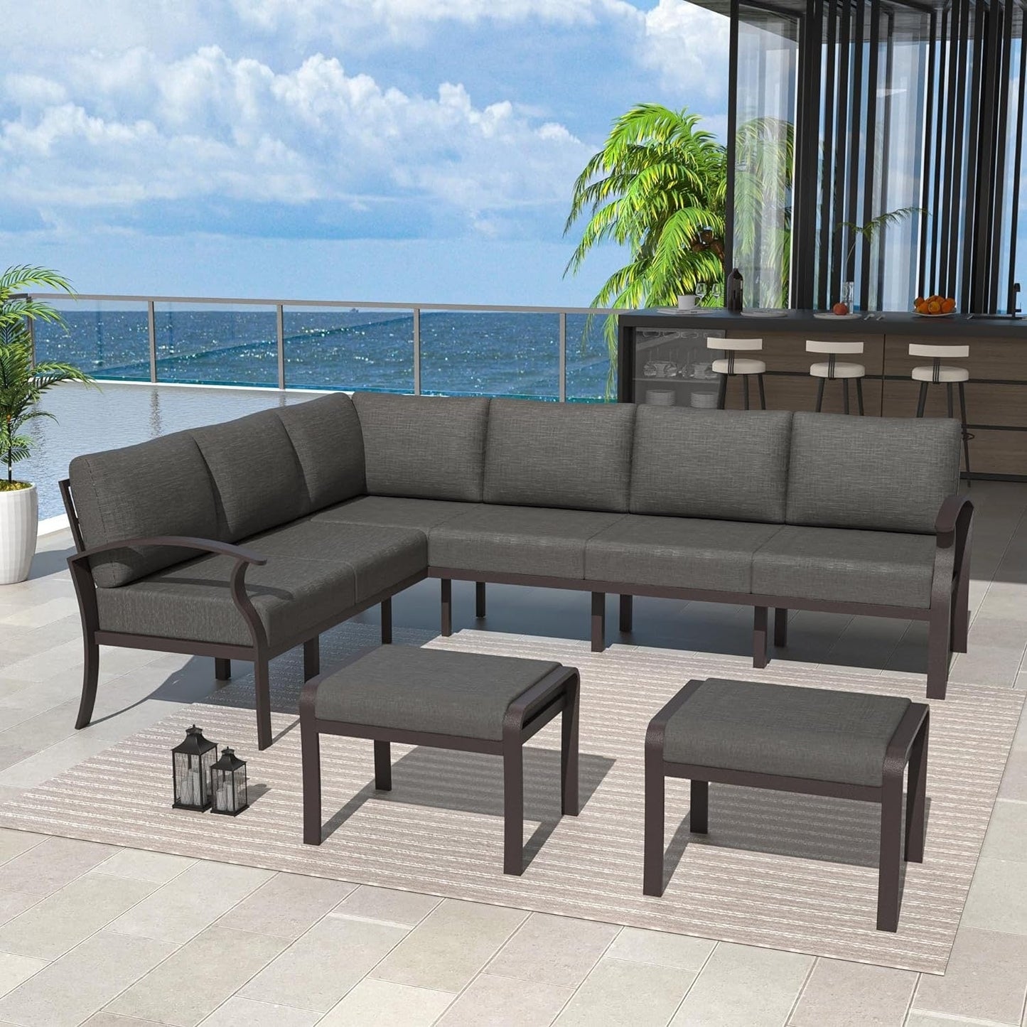 Ensemble de canapés d'angle en aluminium, ensemble de canapés d'extérieur pour patio avec accoudoirs et repose-pieds
